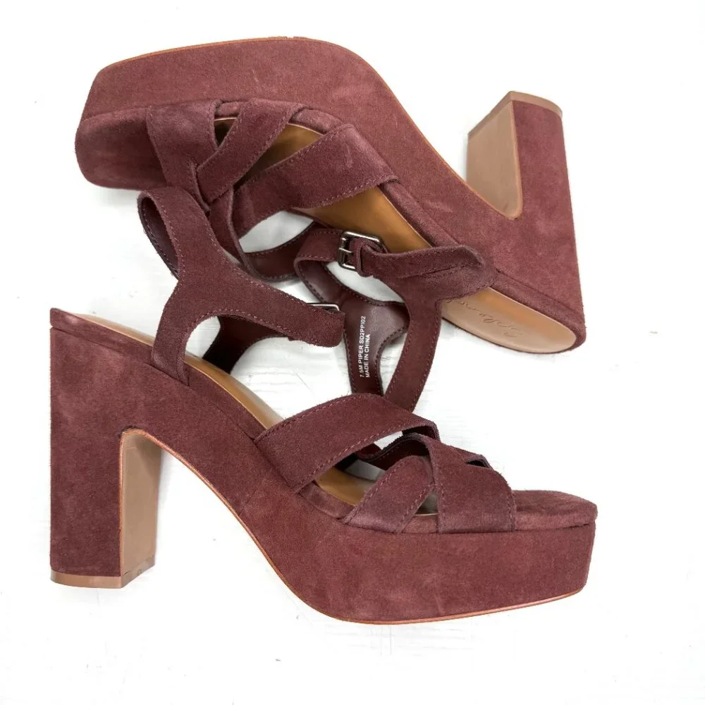 SPLENDID Piper Suede Leather Chunky Platform Ankle Strap Heel Sandals Womens 7.5
